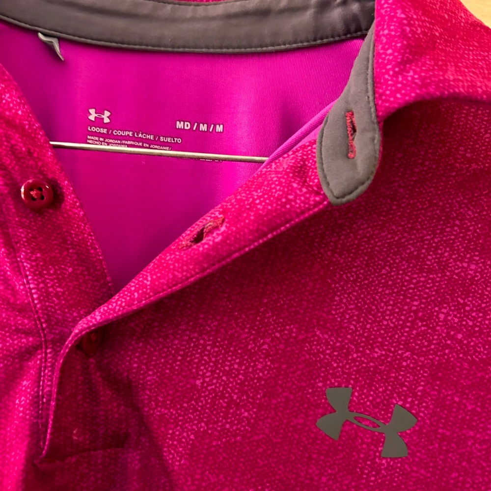 Men’s Under Armour Pink Fuchsia Polo Golf Shirt Size Med. is it golf season yet?